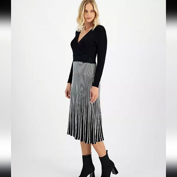 Robbie Bee Women's Two-Tone Belted Sweater Dress Sz Large - Picture 8 of 13